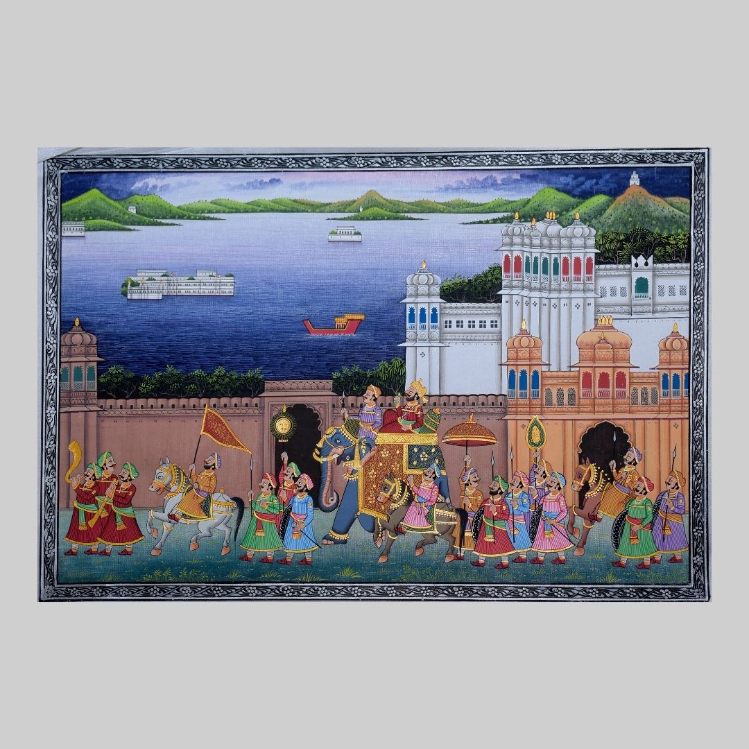 Royal Procession by the Lakeside Palace Miniature Painting 14
