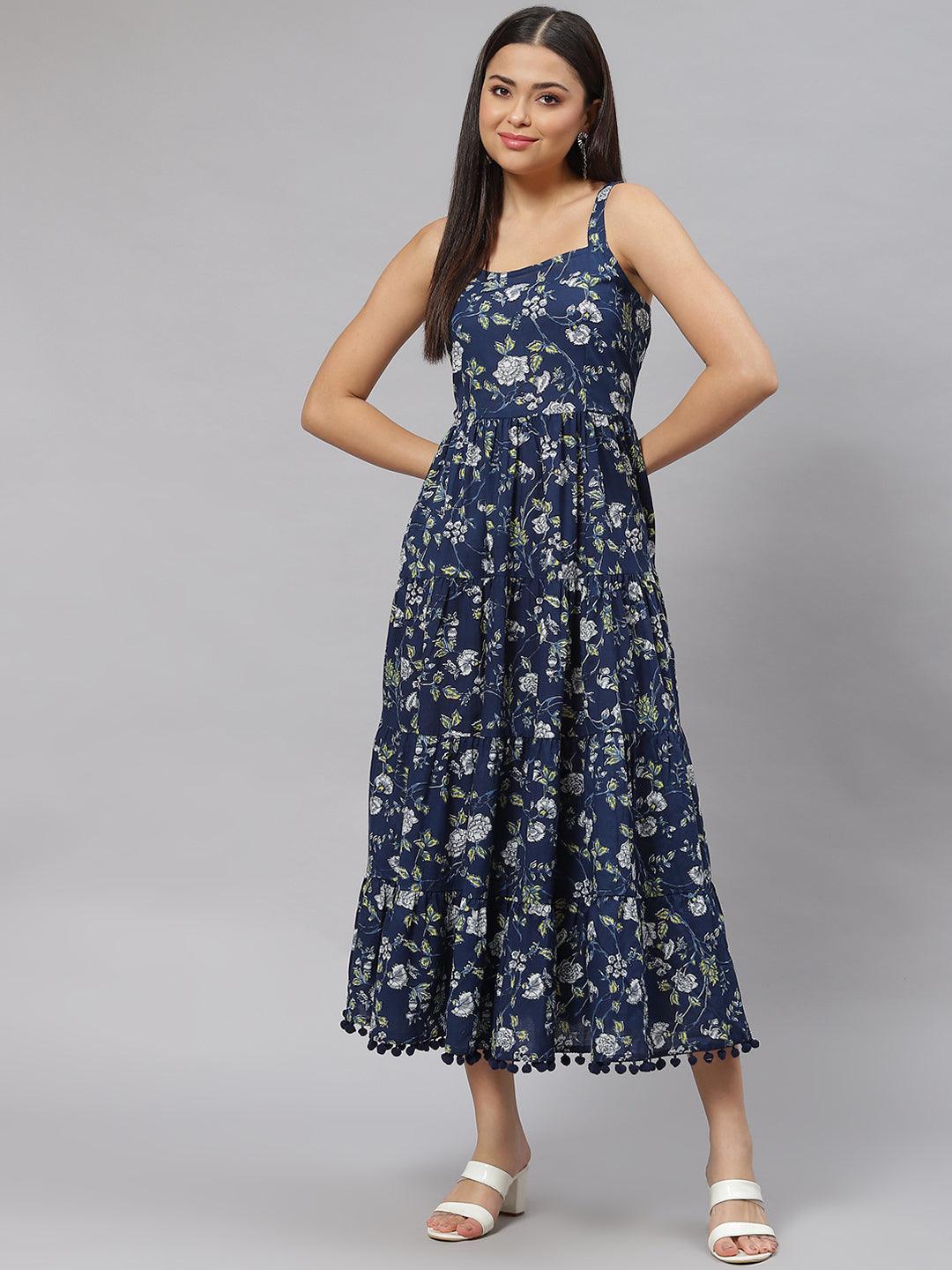 Jamal Jamaloo Blue Floral Shoulder Strip Long Dress - Jamal Jamaloo