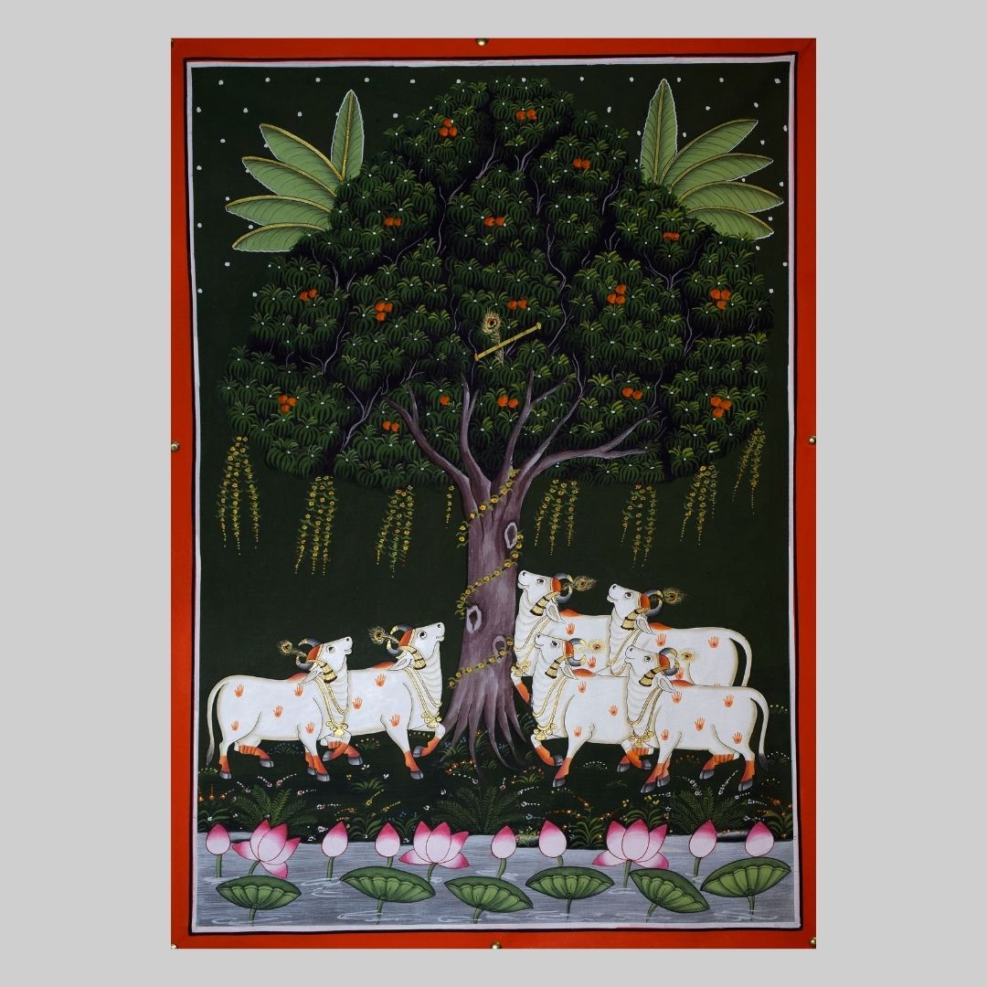 Ashwatha Tree with Five Cows Pichwai Painting