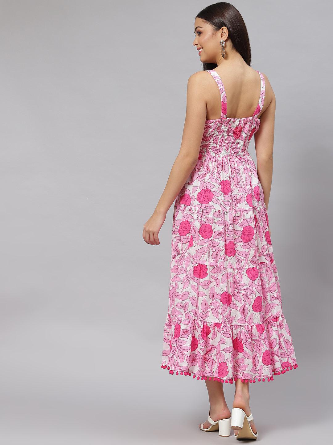 Jamal Jamaloo white & Pink Floral Shoulder Strip Long Dress - Jamal Jamaloo
