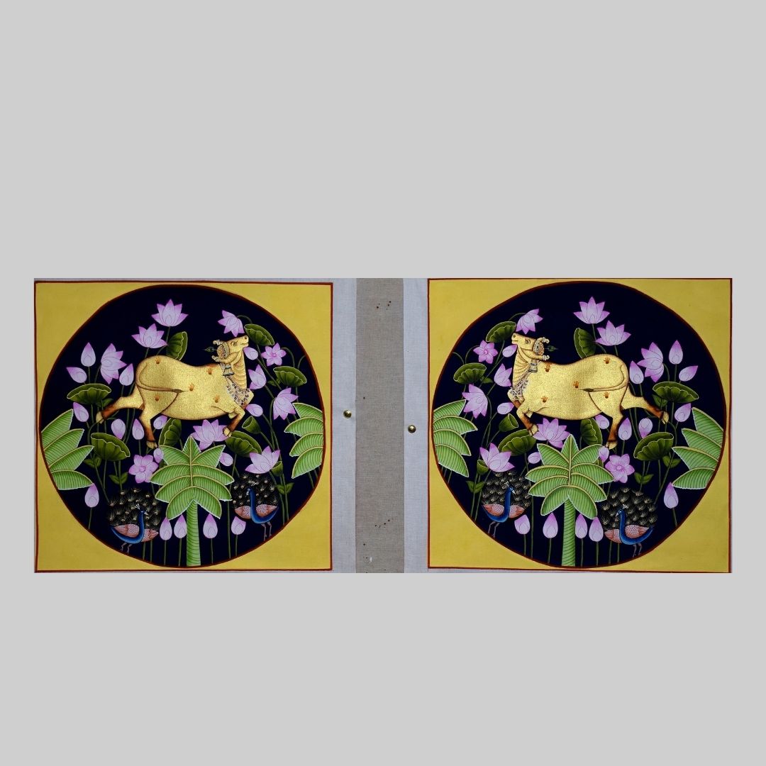 Blossom Tale: Kamal Talai and Cow, Pichwai Painting- Set of Two