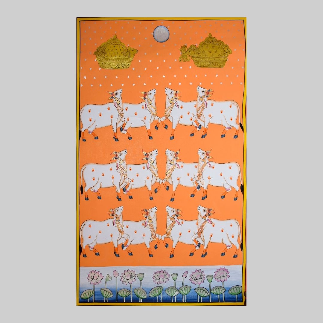 Cows with Lotus Pichwai Painting