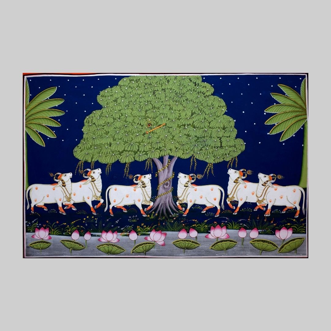 Ashwatha (Peepal) Tree with Cows Pichwai Art Painting