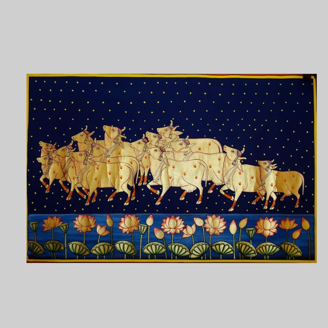 Golden Cow & Lotus Wall Traditional Pichwai Painting