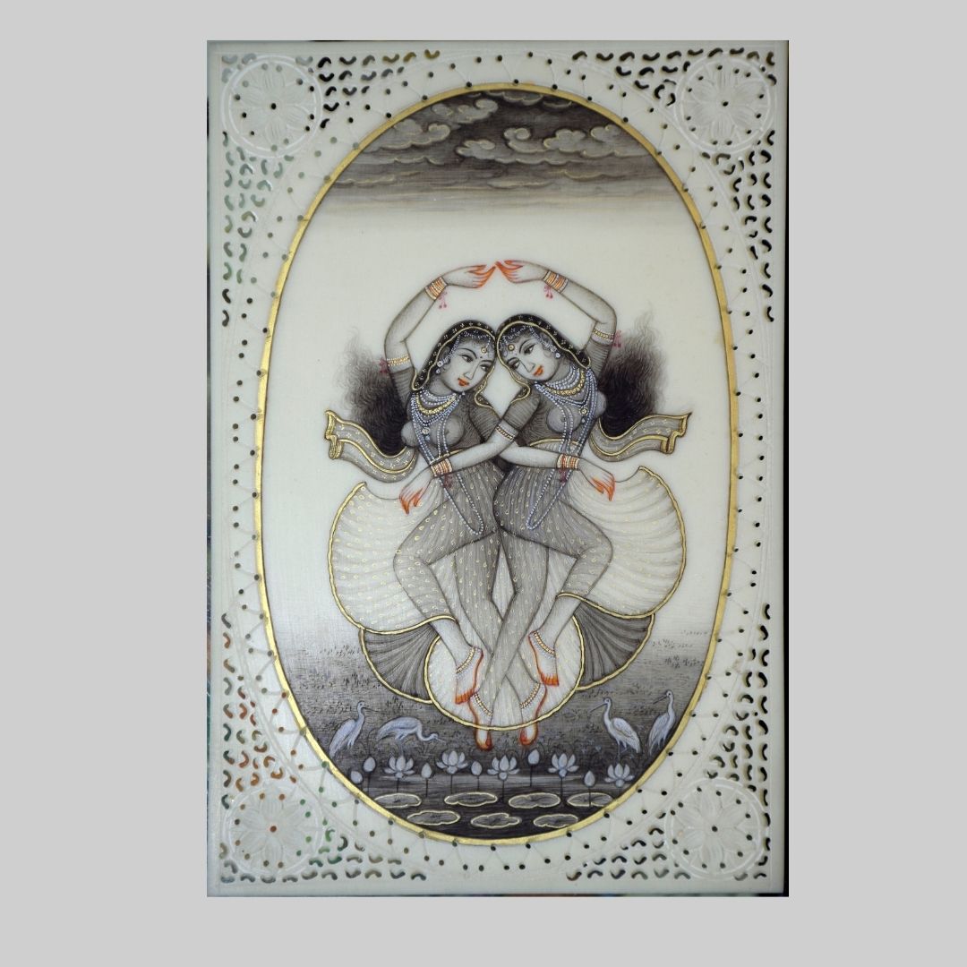 Handmade Rajasthani Miniature Painting of dancing girls on Resin Tile 73