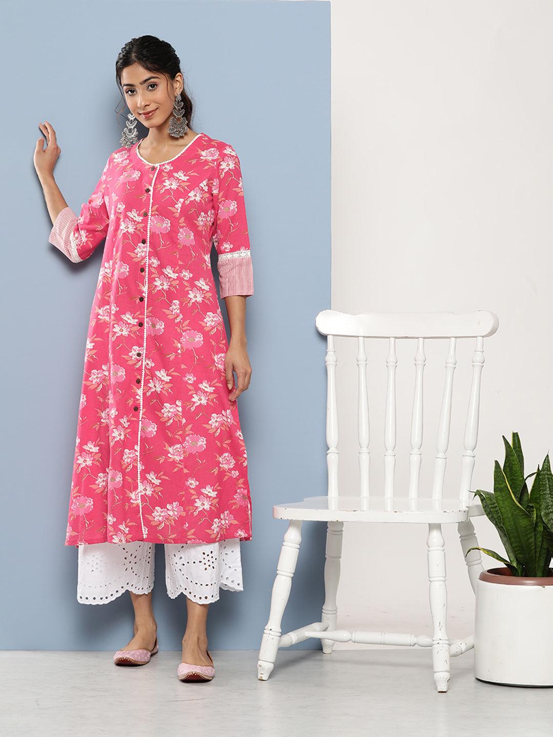 Jamal Jamaloo Pink Floral cotton flex A-Line Kurta - Jamal Jamaloo