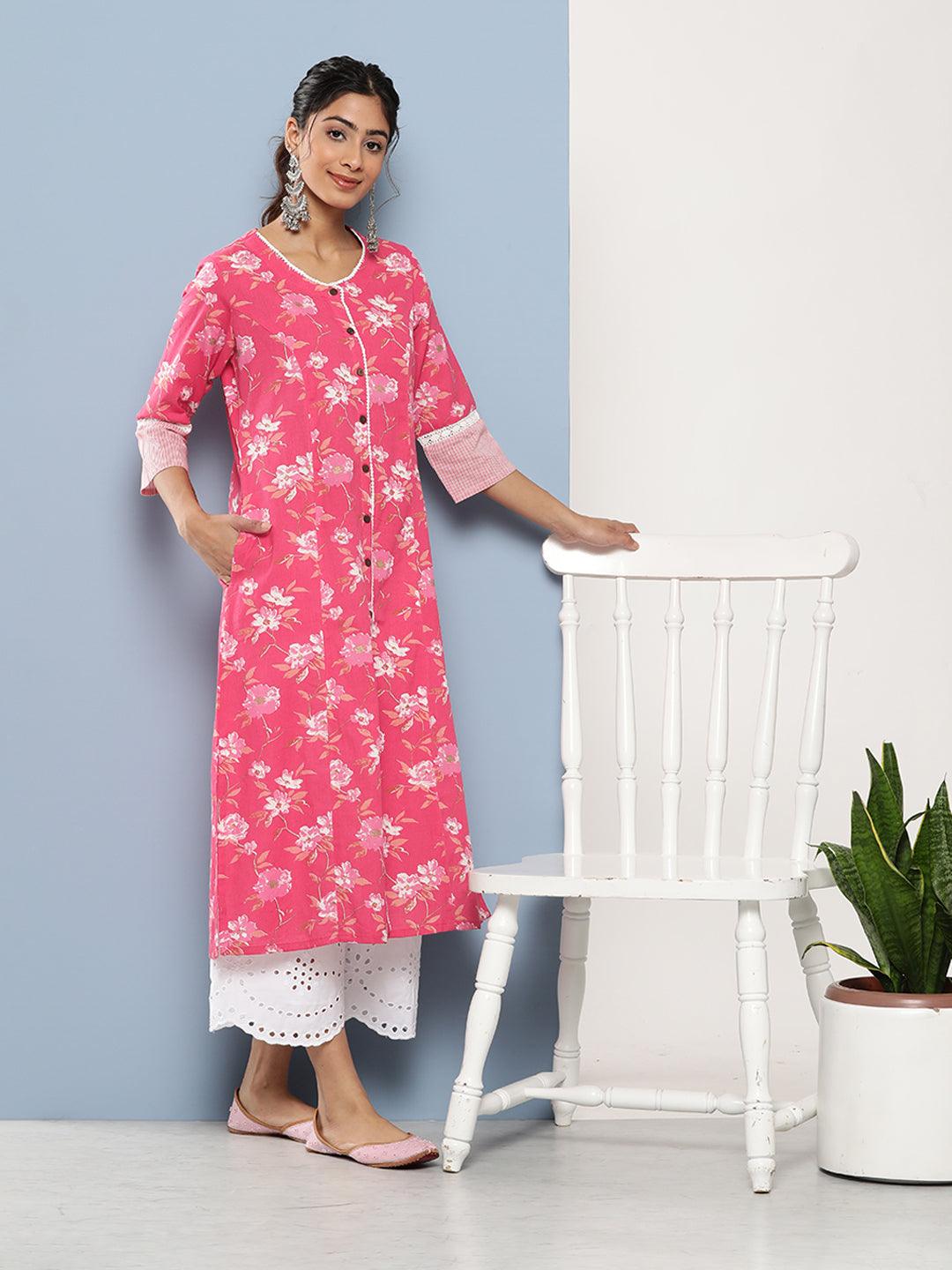 Jamal Jamaloo Pink Floral cotton flex A-Line Kurta - Jamal Jamaloo
