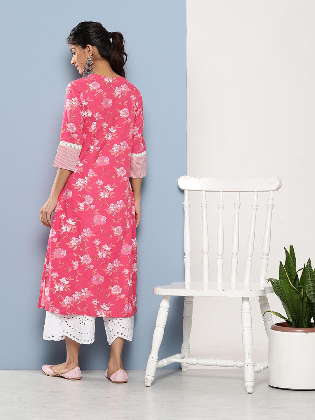 Jamal Jamaloo Pink Floral cotton flex A-Line Kurta - Jamal Jamaloo