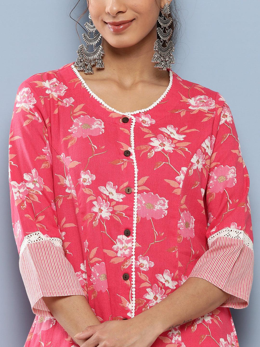 Jamal Jamaloo Pink Floral cotton flex A-Line Kurta - Jamal Jamaloo