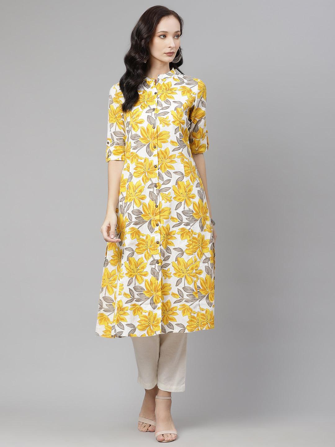 Jamal Jamaloo Yellow Floral Print Pure Cotton A-line Kurta - Jamal Jamaloo