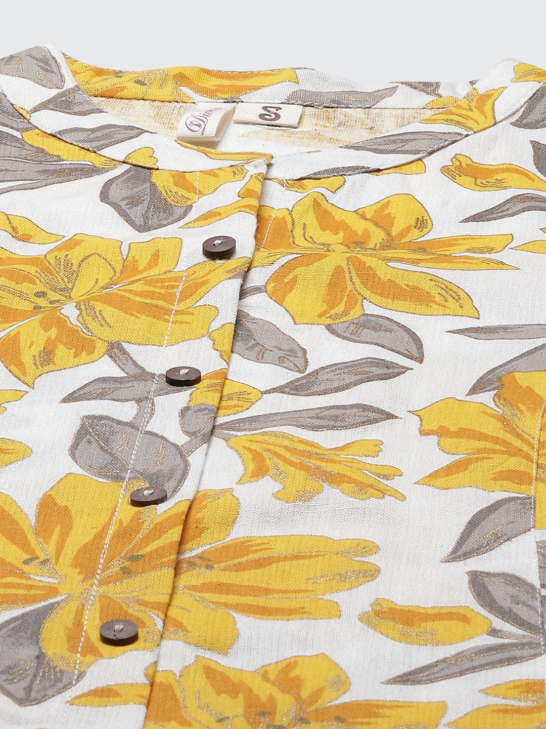 Jamal Jamaloo Yellow Floral Print Pure Cotton A-line Kurta - Jamal Jamaloo