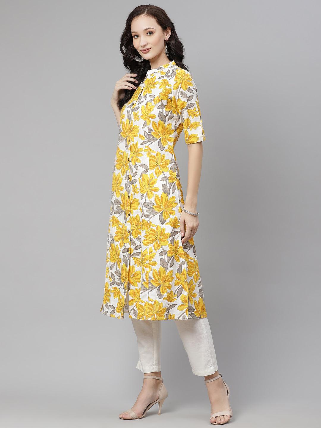 Jamal Jamaloo Yellow Floral Print Pure Cotton A-line Kurta - Jamal Jamaloo