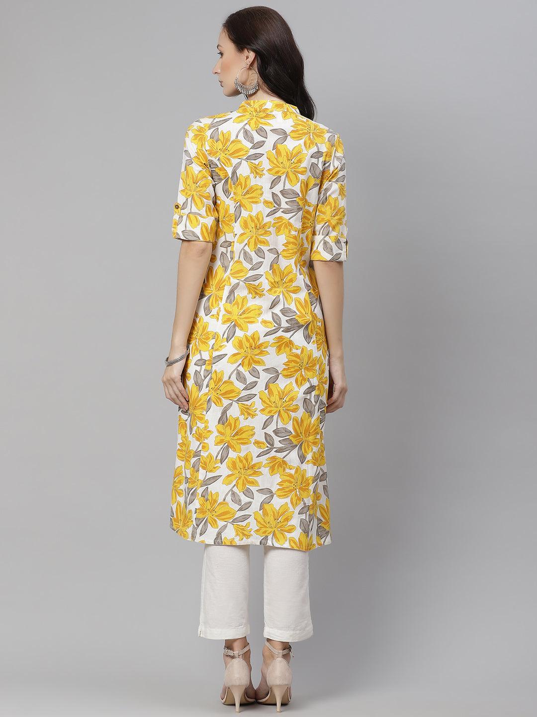 Jamal Jamaloo Yellow Floral Print Pure Cotton A-line Kurta - Jamal Jamaloo