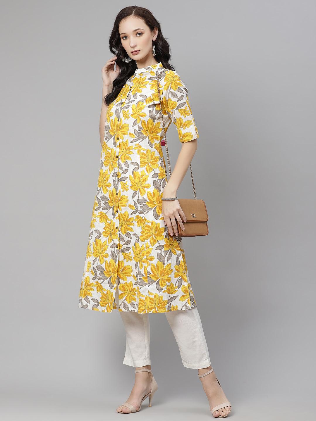 Jamal Jamaloo Yellow Floral Print Pure Cotton A-line Kurta - Jamal Jamaloo