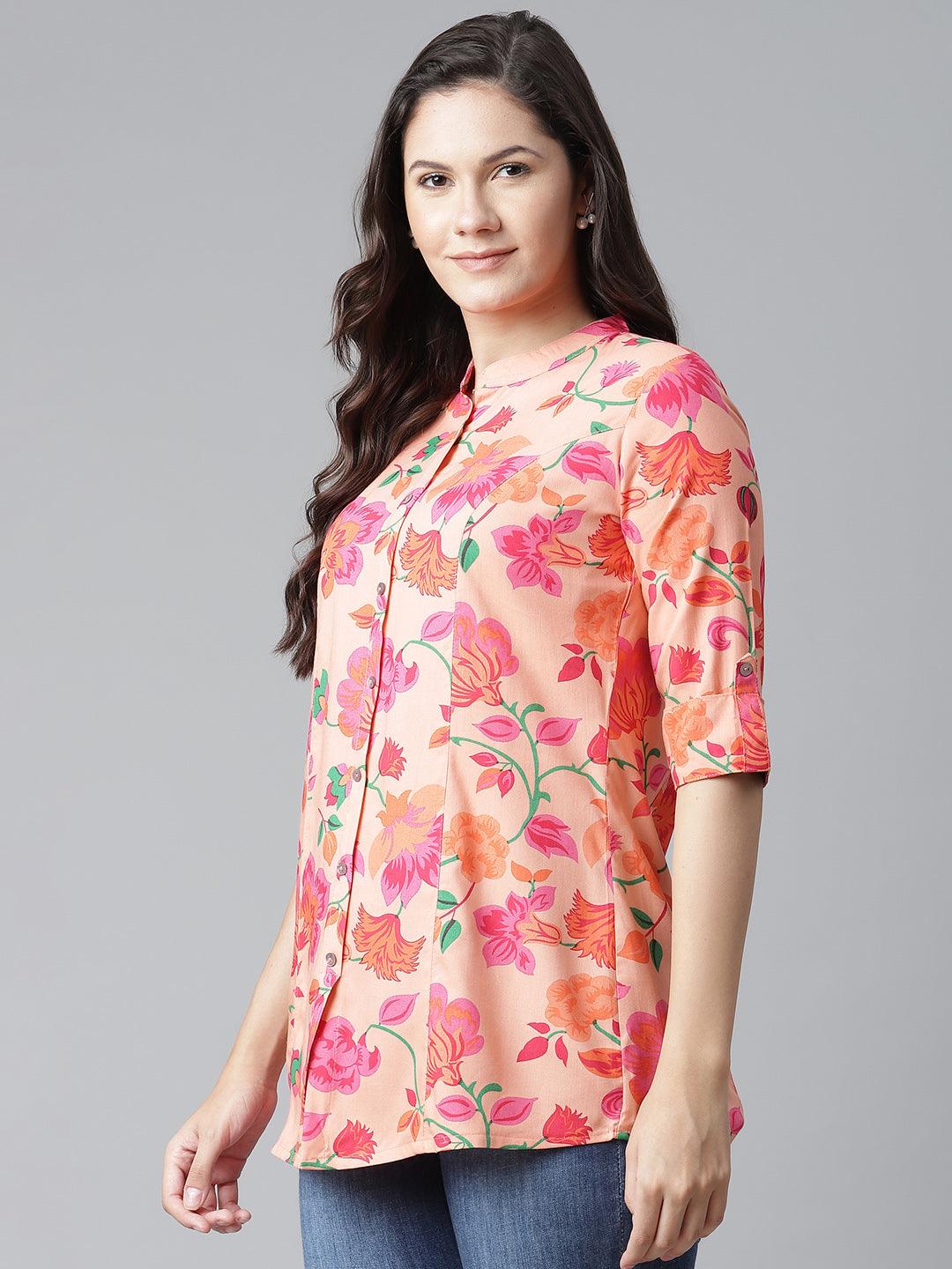 Jamal Jamaloo Rayon Peach Floral Print Shirt Style A-Line Top - Jamal Jamaloo