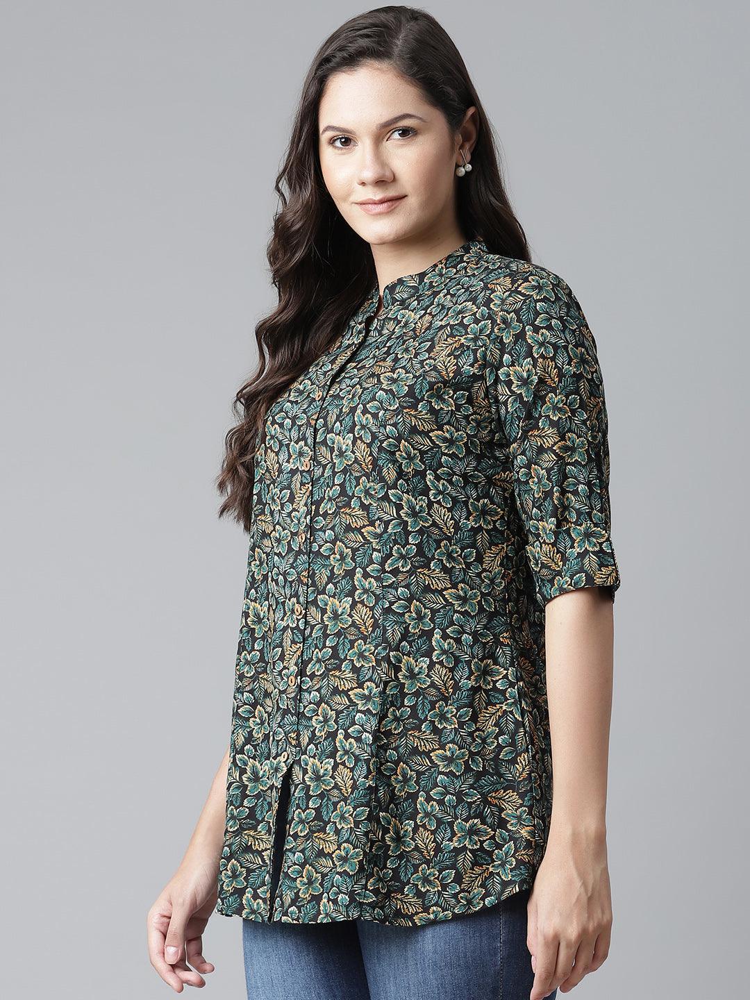 Jamal Jamaloo Navy Blue Green Rayon Printed Top - Jamal Jamaloo
