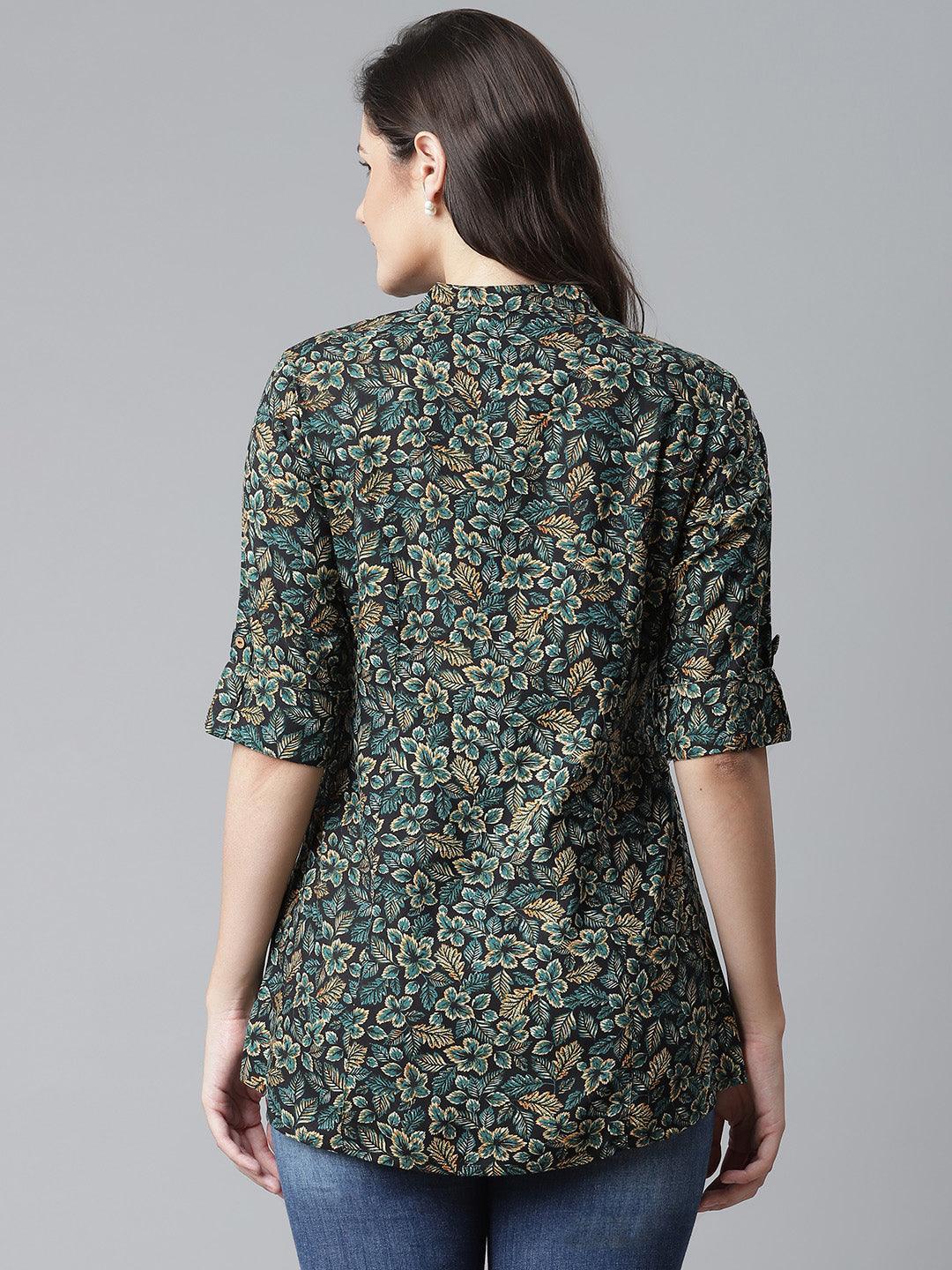 Jamal Jamaloo Navy Blue Green Rayon Printed Top - Jamal Jamaloo