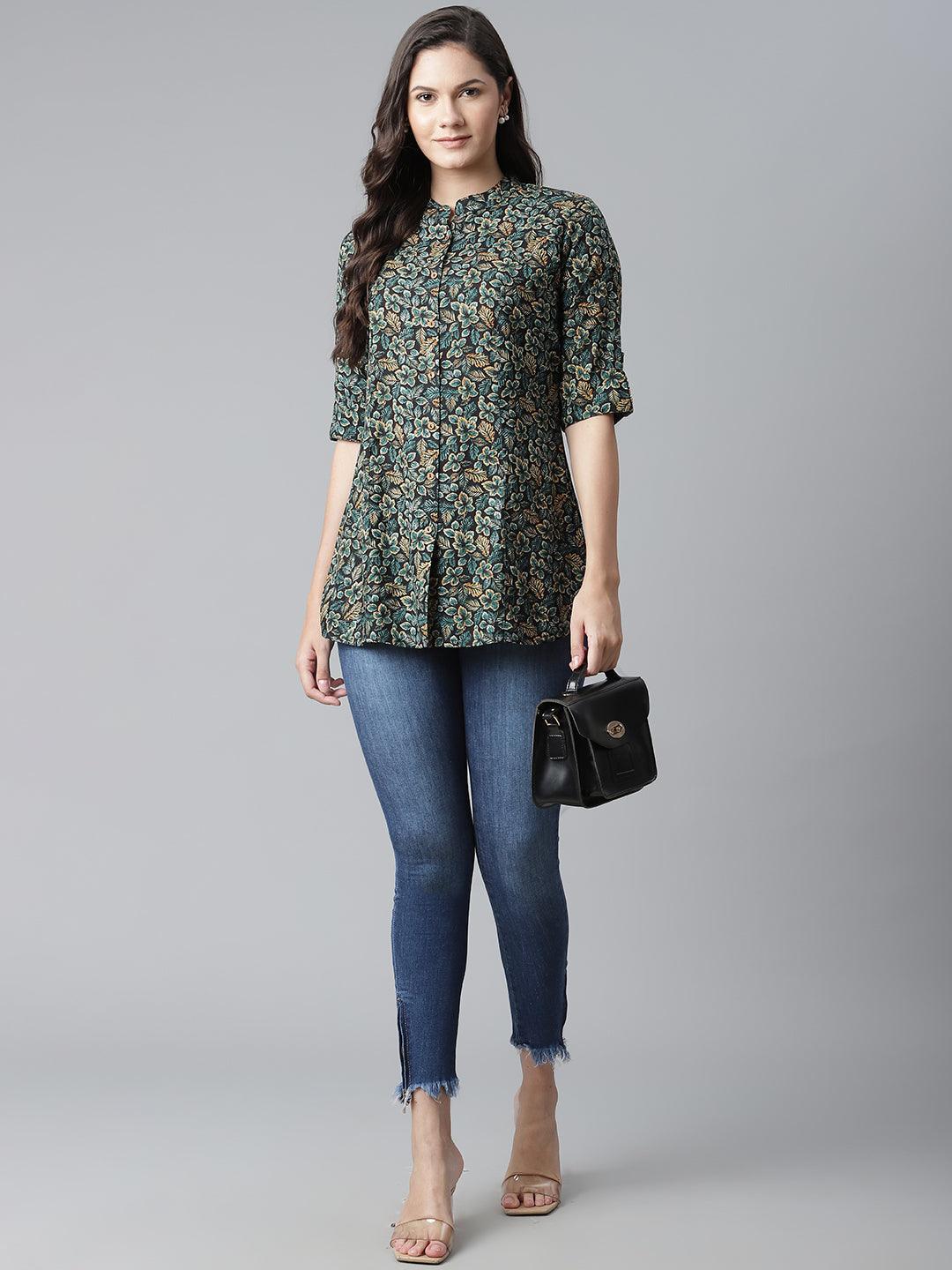 Jamal Jamaloo Navy Blue Green Rayon Printed Top - Jamal Jamaloo