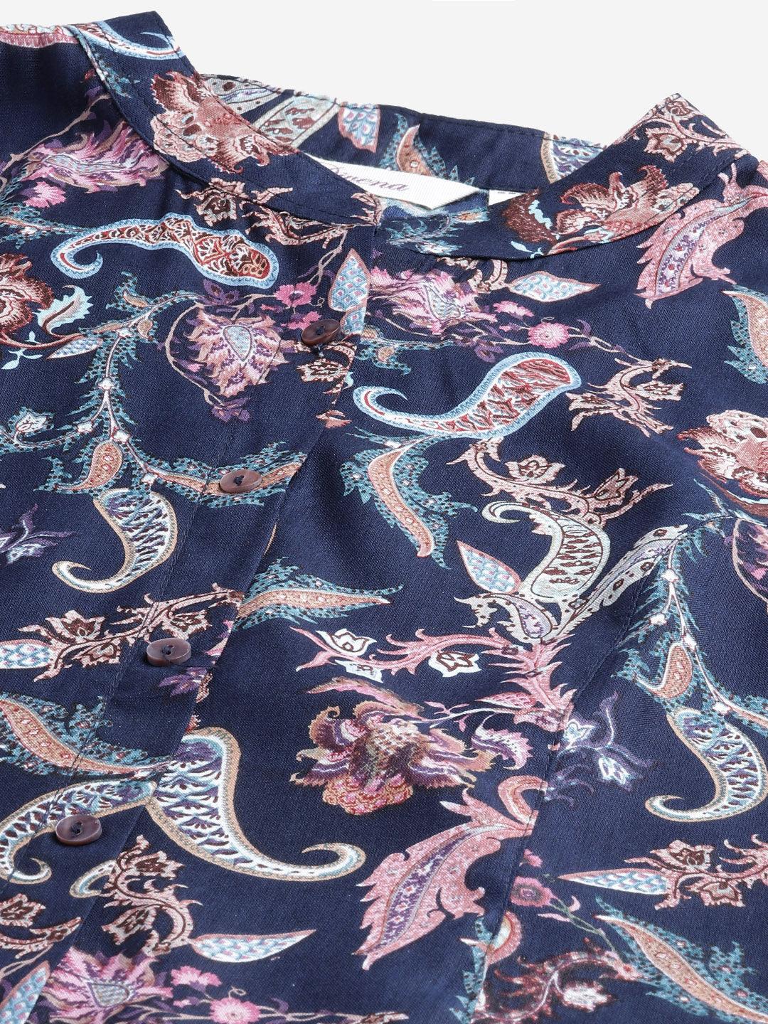 Jamal Jamaloo Blue Printed Rayon Shirt Style A-Line Top - Jamal Jamaloo
