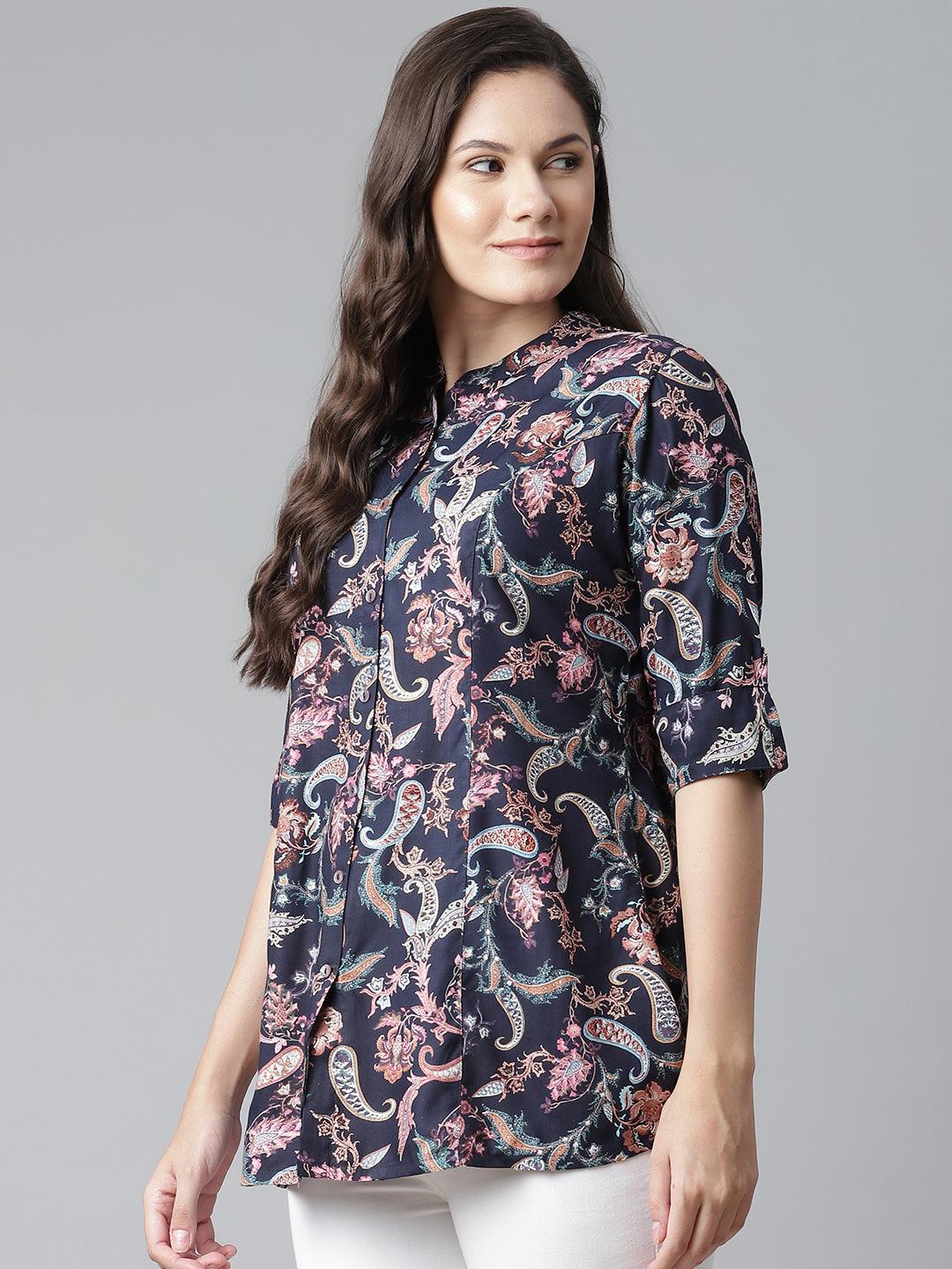 Jamal Jamaloo Blue Printed Rayon Shirt Style A-Line Top - Jamal Jamaloo
