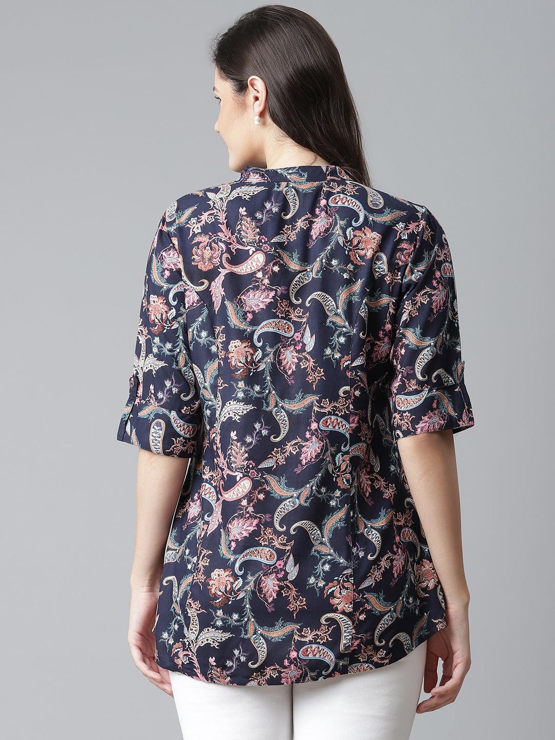 Jamal Jamaloo Blue Printed Rayon Shirt Style A-Line Top - Jamal Jamaloo