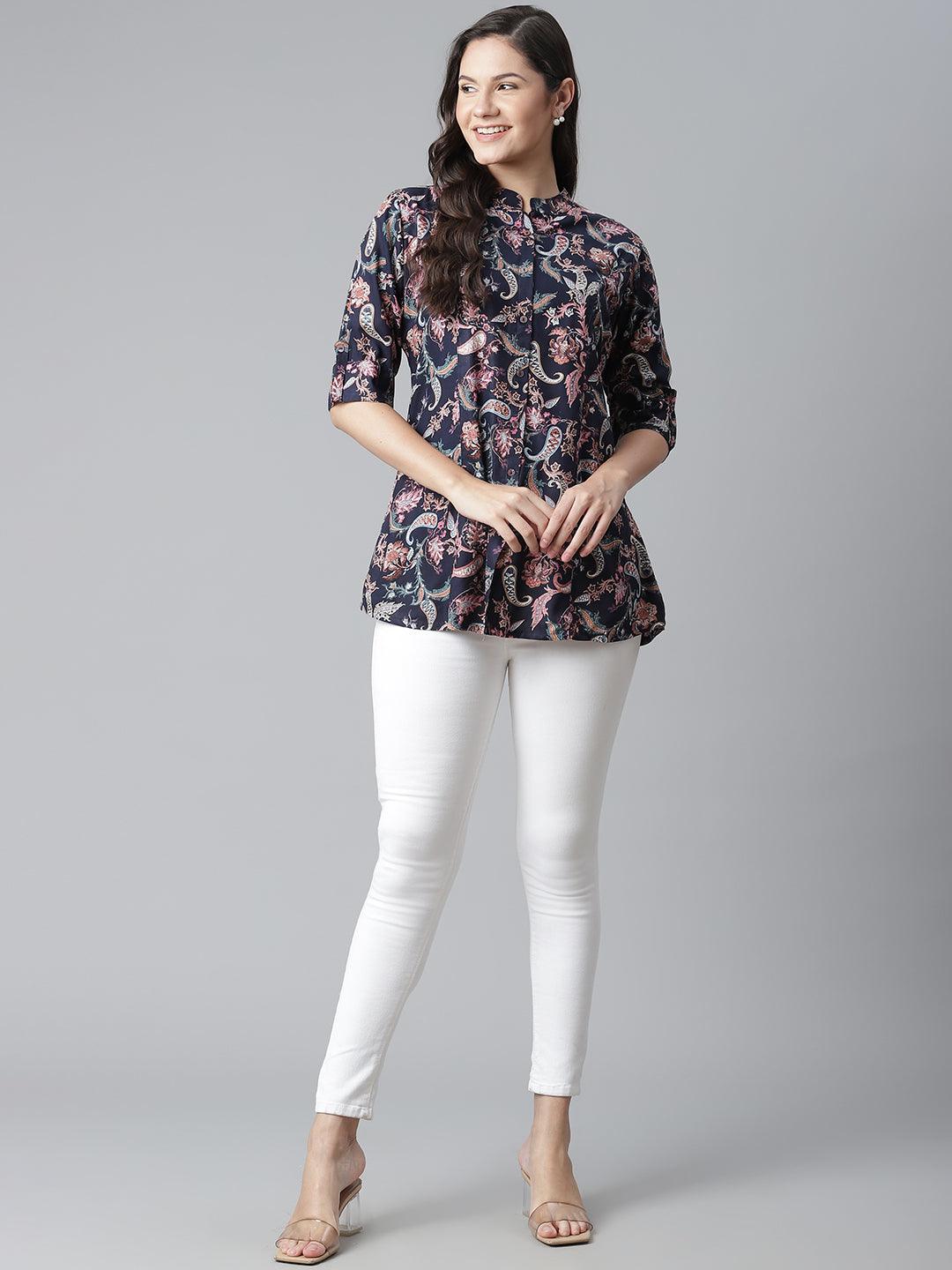 Jamal Jamaloo Blue Printed Rayon Shirt Style A-Line Top - Jamal Jamaloo