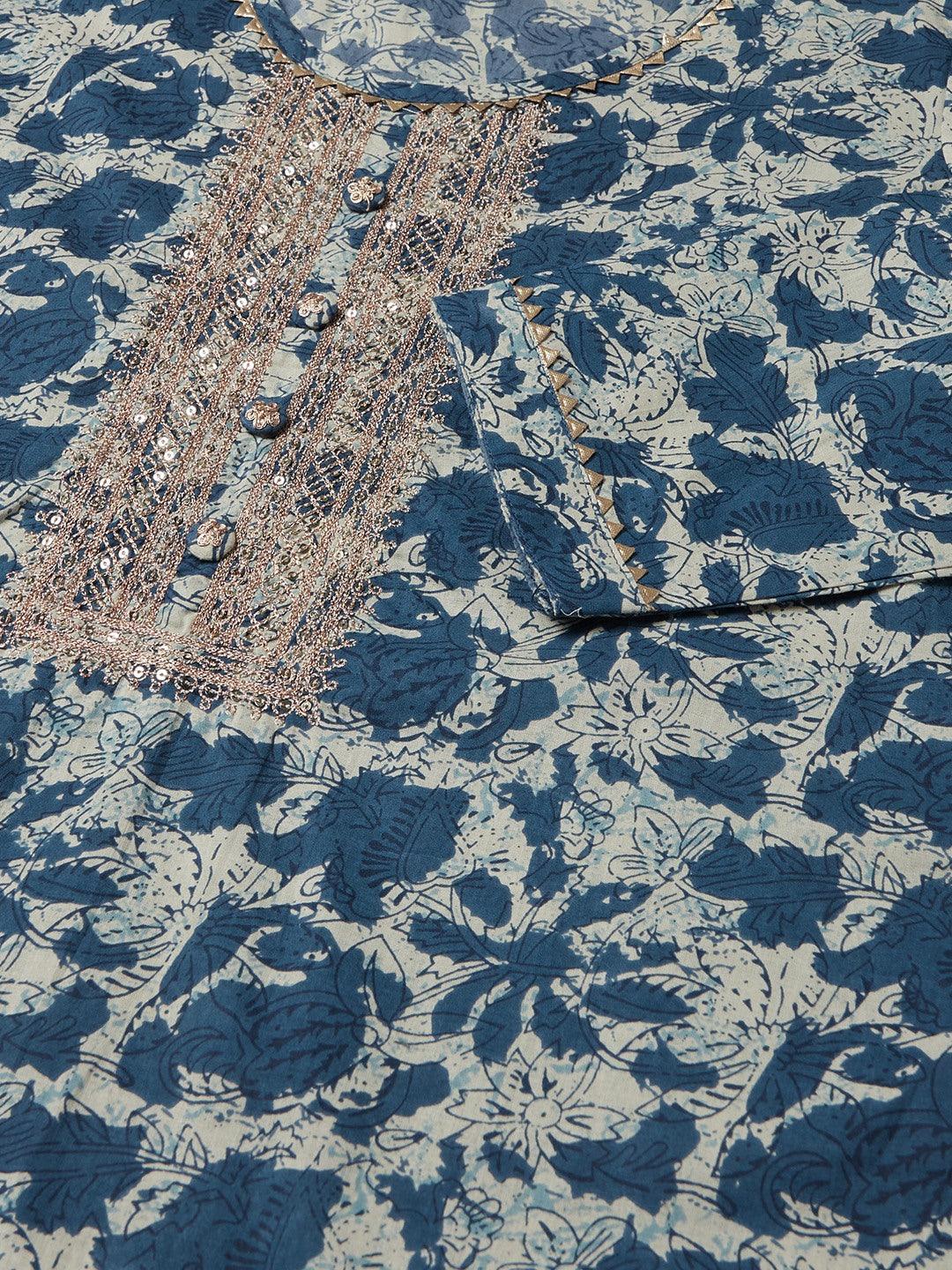 Jamal Jamaloo Blue Floral Cotton Straight Kurta - Jamal Jamaloo