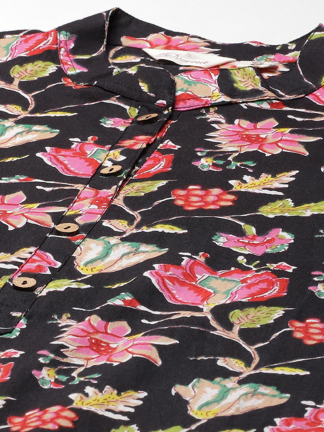 Jamal Jamaloo Black Floral Cotton Straight Kurti - Jamal Jamaloo