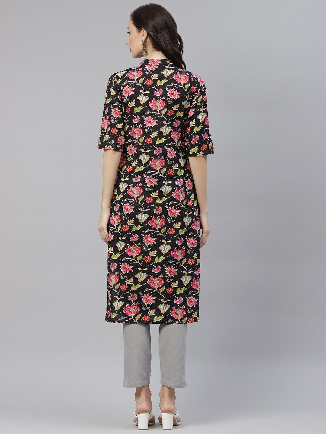 Jamal Jamaloo Black Floral Cotton Straight Kurti - Jamal Jamaloo