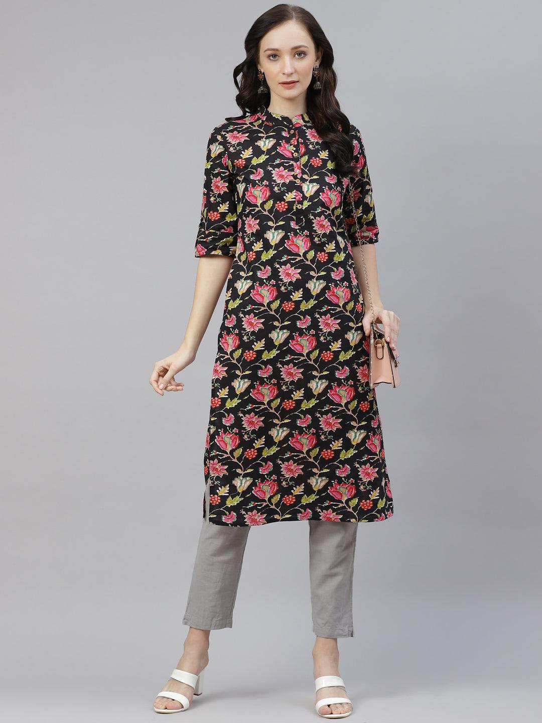 Jamal Jamaloo Black Floral Cotton Straight Kurti - Jamal Jamaloo