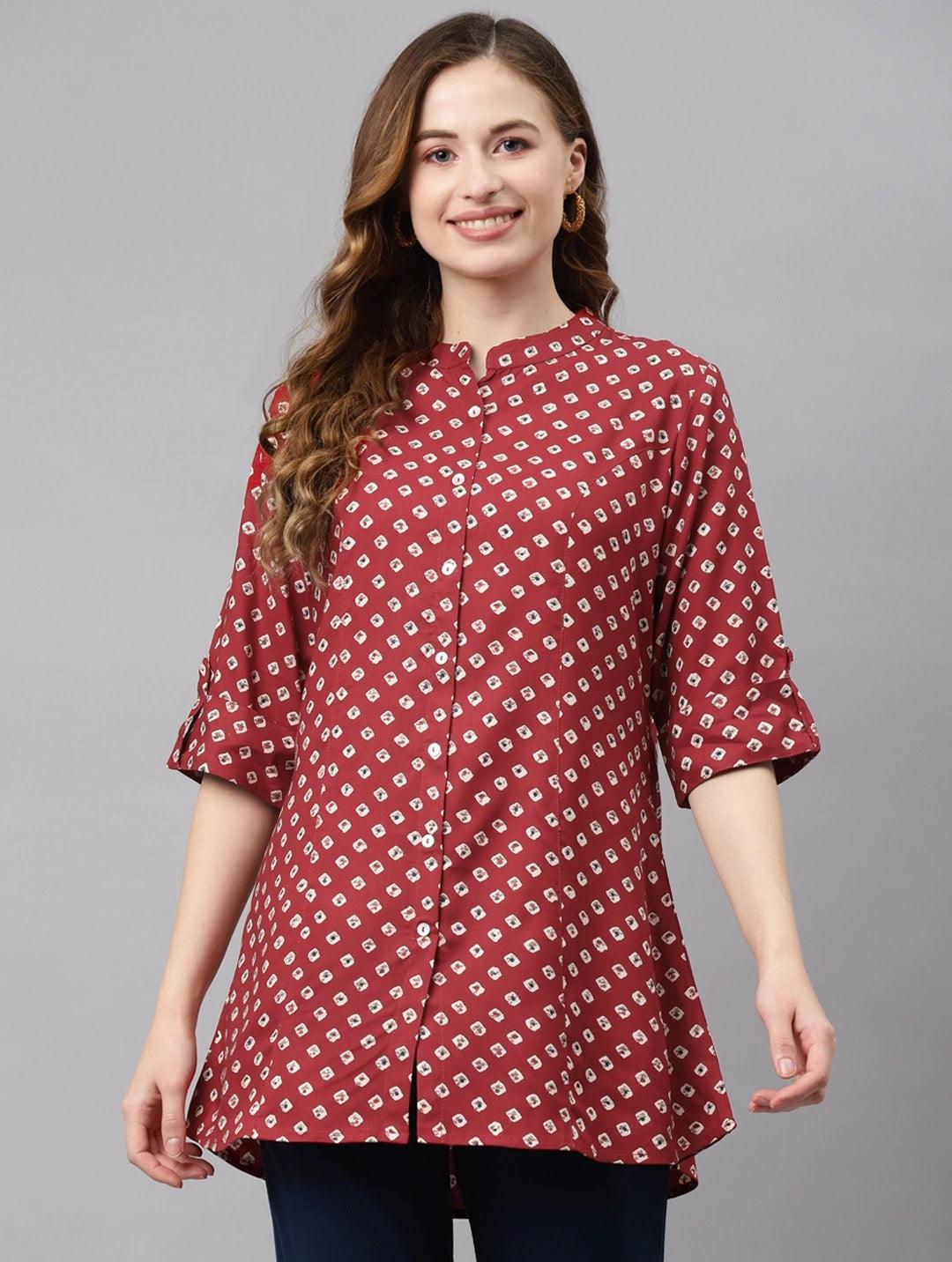 Jamal Jamaloo Maroon Bandhani Print Shirt Style A-line Top - Jamal Jamaloo