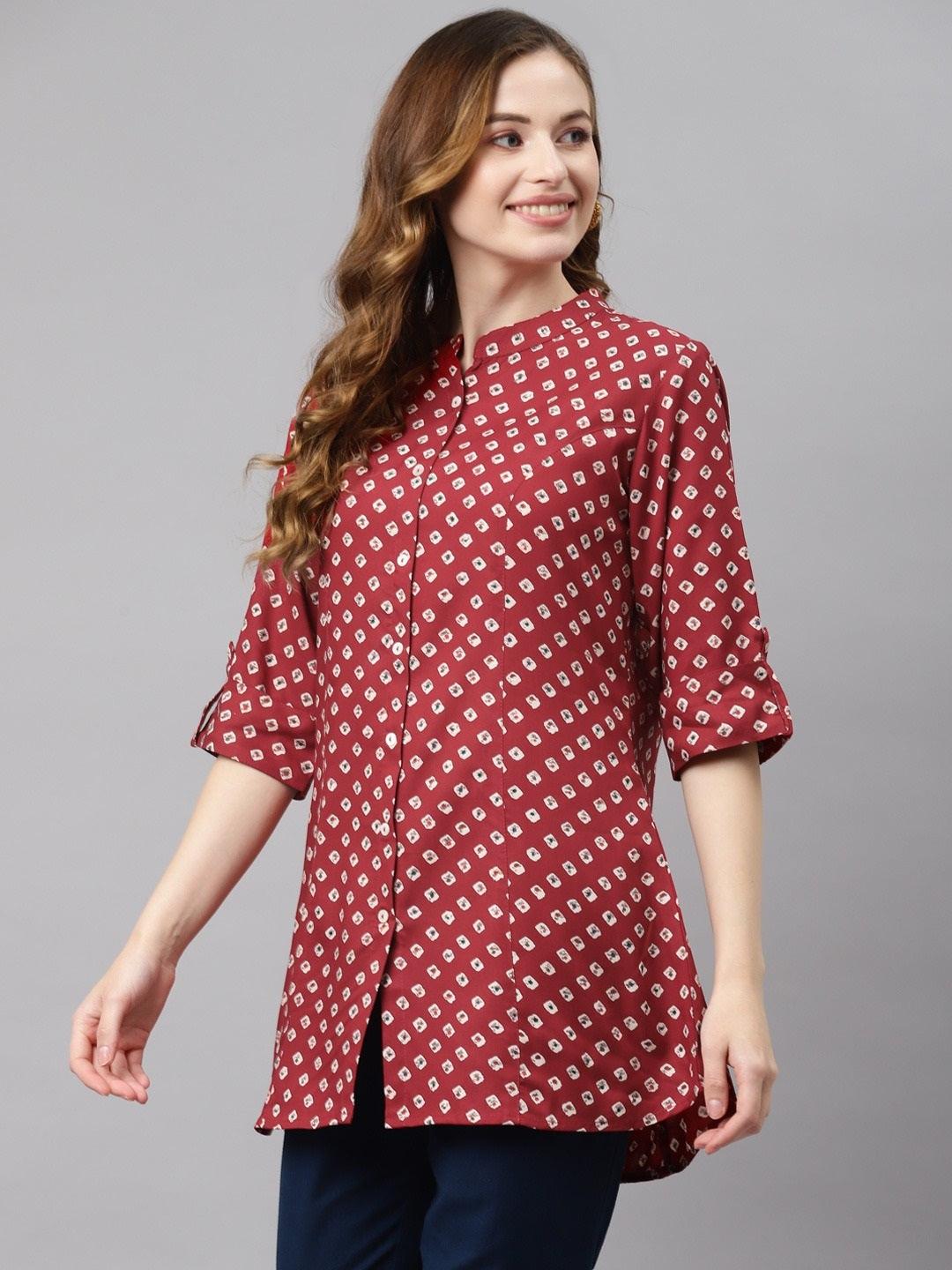 Jamal Jamaloo Maroon Bandhani Print Shirt Style A-line Top - Jamal Jamaloo