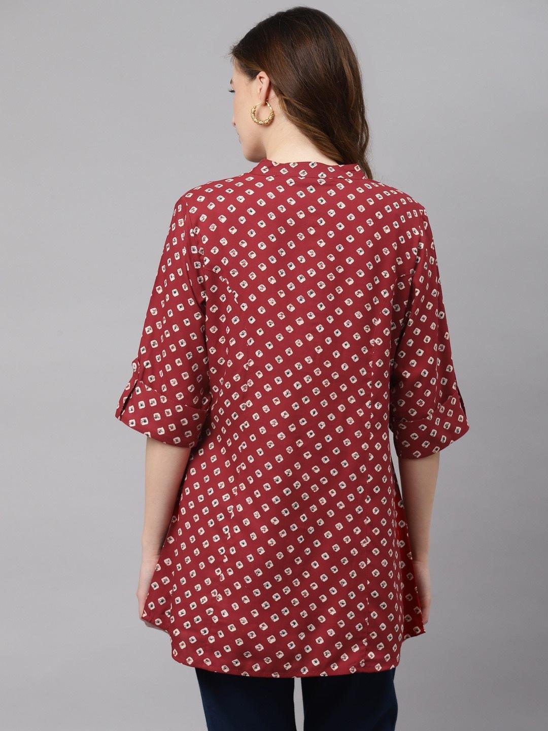 Jamal Jamaloo Maroon Bandhani Print Shirt Style A-line Top - Jamal Jamaloo