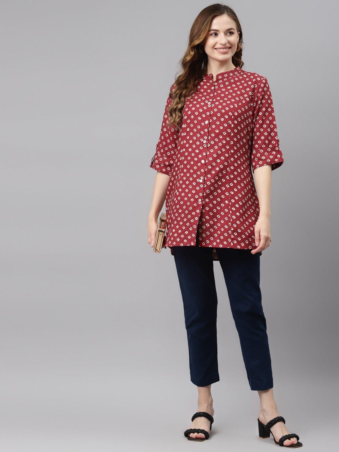 Jamal Jamaloo Maroon Bandhani Print Shirt Style A-line Top - Jamal Jamaloo