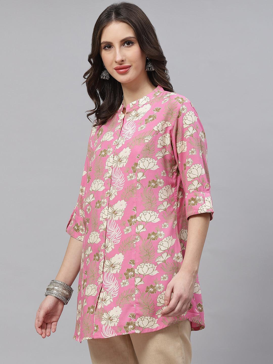 Jamal Jamaloo Light Pink Floral Rayon A-line Top - Jamal Jamaloo