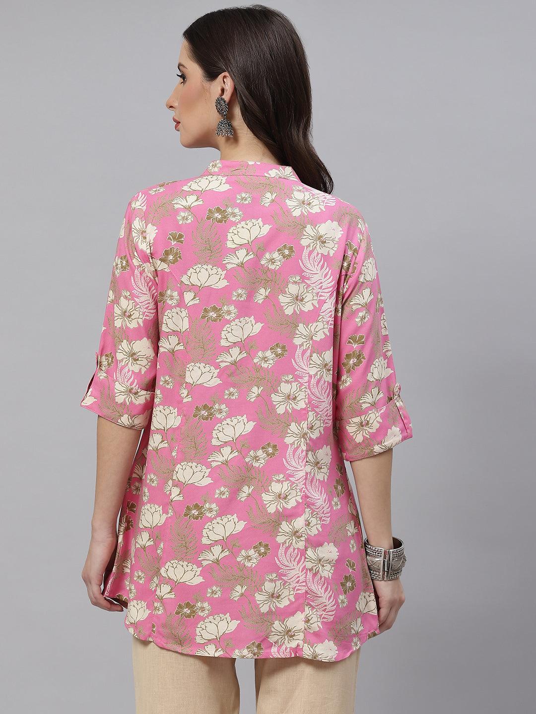 Jamal Jamaloo Light Pink Floral Rayon A-line Top - Jamal Jamaloo