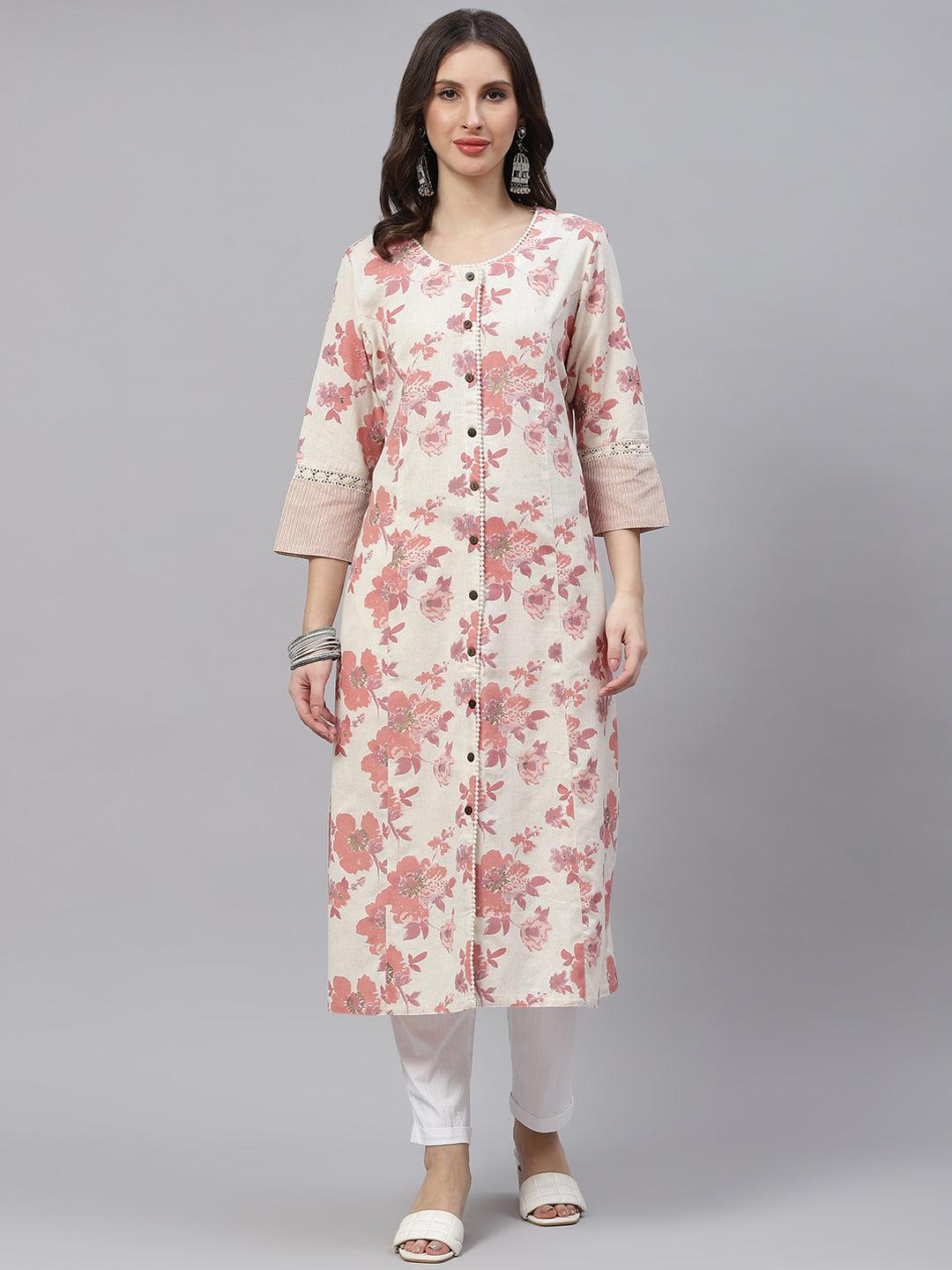 Jamal Jamaloo Cream Floral cotton flex A-Line Kurta - Jamal Jamaloo