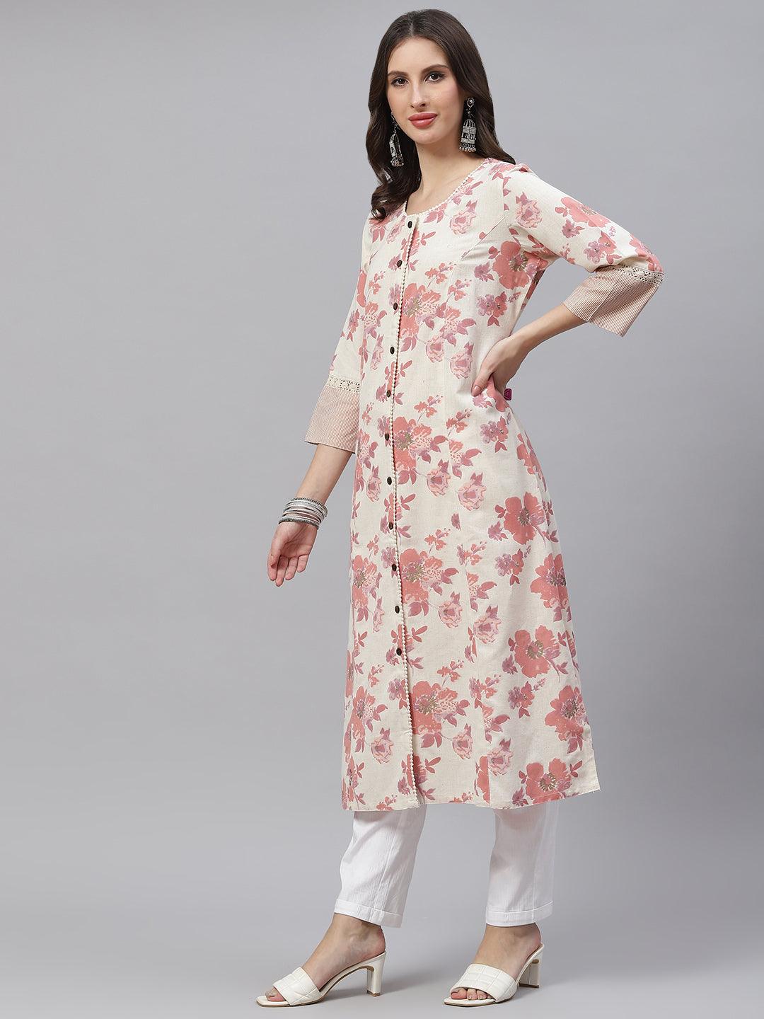 Jamal Jamaloo Cream Floral cotton flex A-Line Kurta - Jamal Jamaloo
