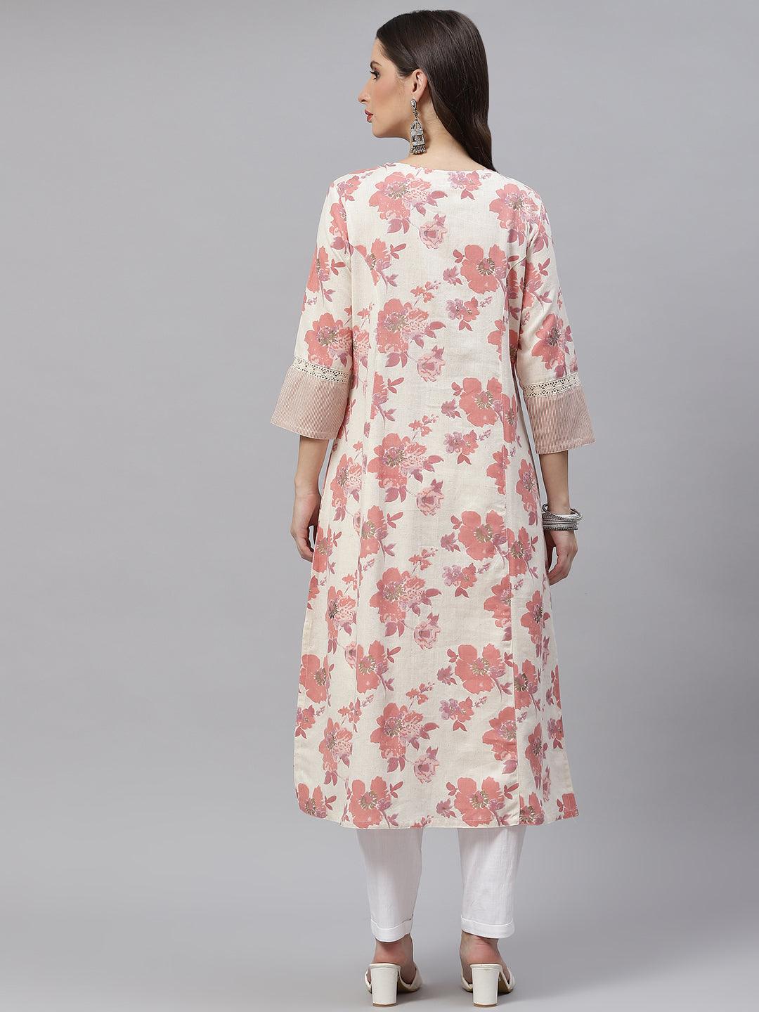 Jamal Jamaloo Cream Floral cotton flex A-Line Kurta - Jamal Jamaloo