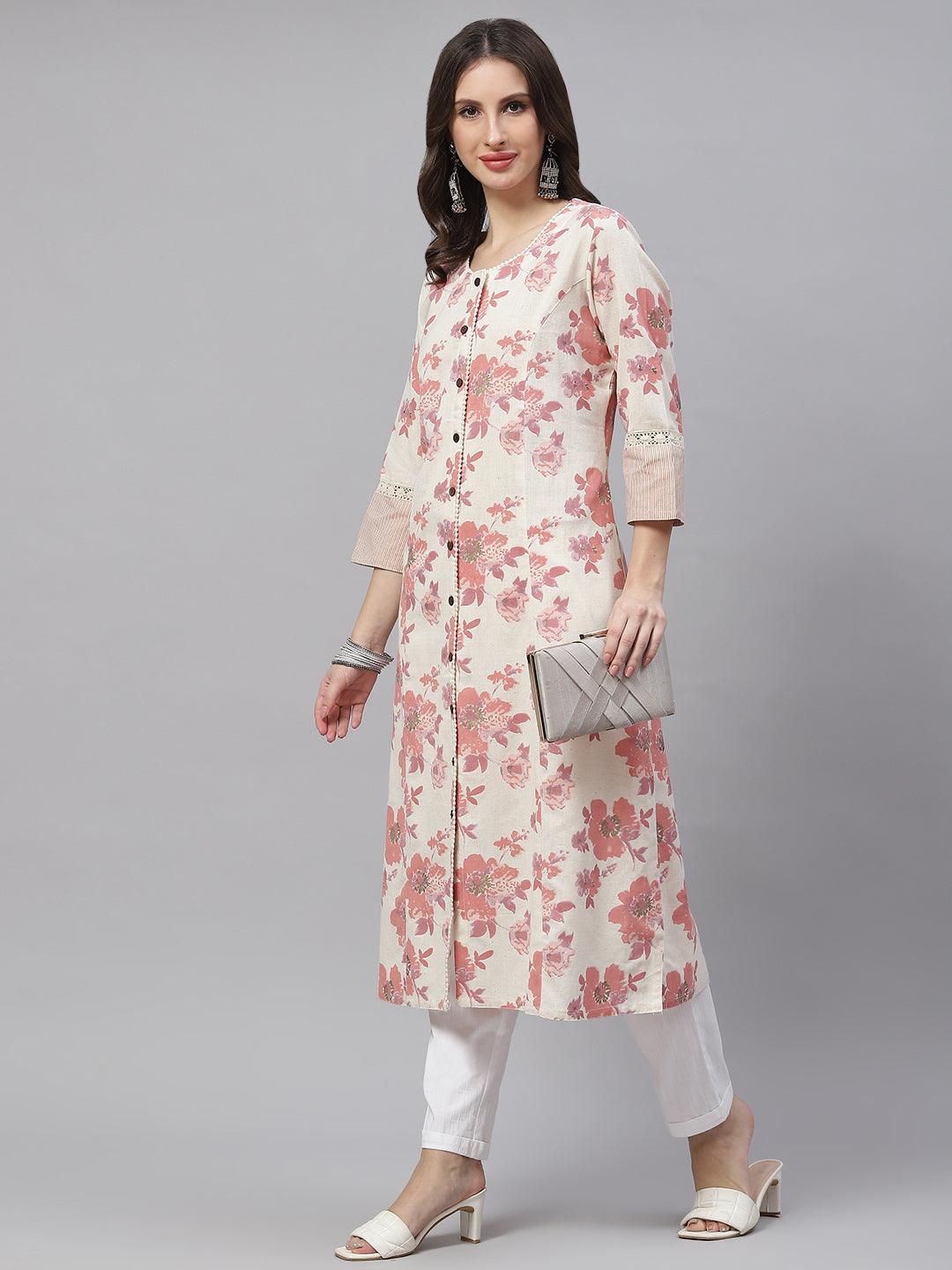 Jamal Jamaloo Cream Floral cotton flex A-Line Kurta - Jamal Jamaloo