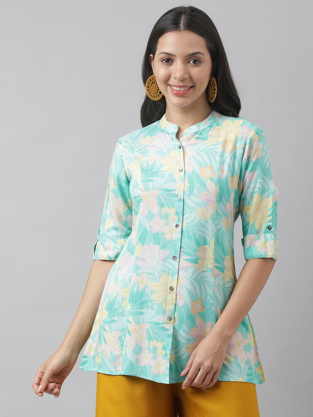 Jamal Jamaloo Sea Green Floral Printed Rayon A-line Shirt Style Top - Jamal Jamaloo