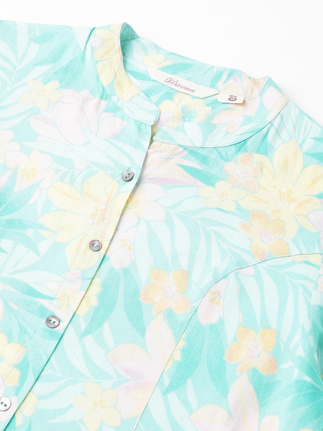 Jamal Jamaloo Sea Green Floral Printed Rayon A-line Shirt Style Top - Jamal Jamaloo