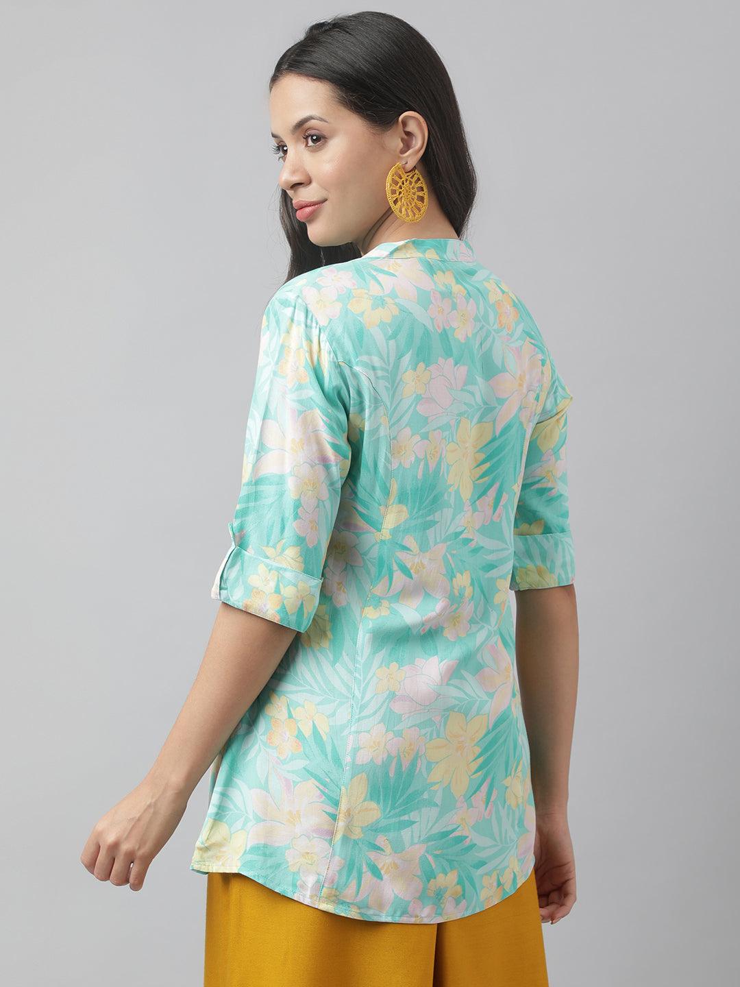 Jamal Jamaloo Sea Green Floral Printed Rayon A-line Shirt Style Top - Jamal Jamaloo