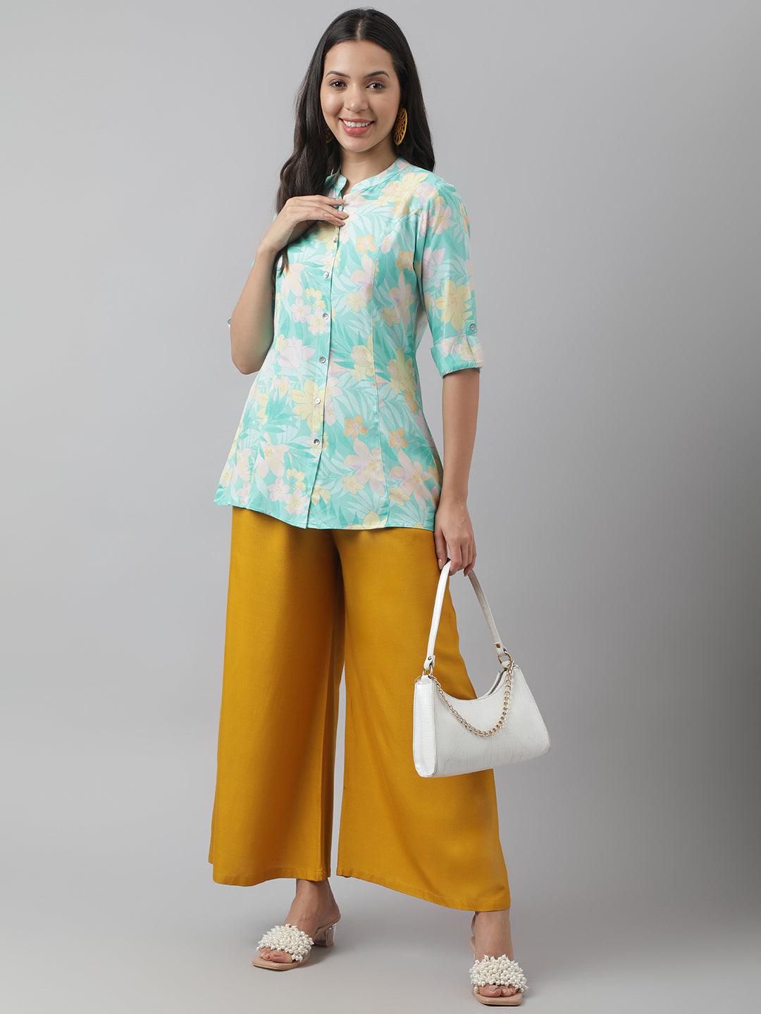 Jamal Jamaloo Sea Green Floral Printed Rayon A-line Shirt Style Top - Jamal Jamaloo