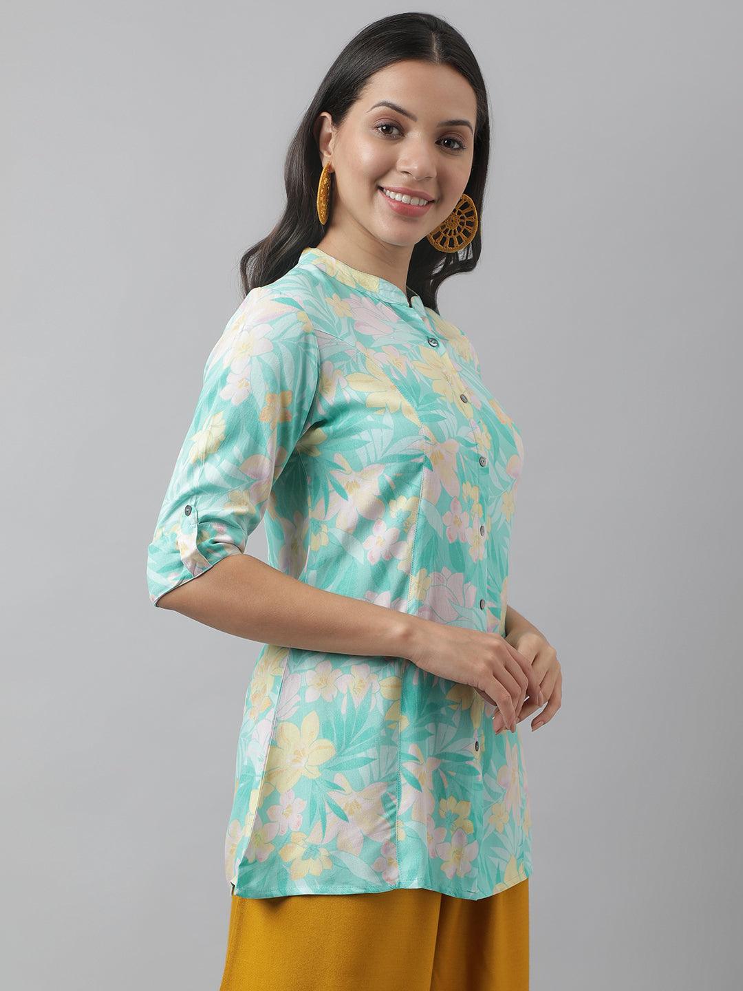Jamal Jamaloo Sea Green Floral Printed Rayon A-line Shirt Style Top - Jamal Jamaloo