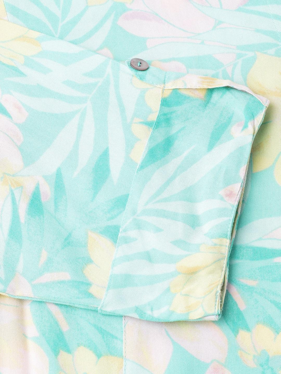 Jamal Jamaloo Sea Green Floral Printed Rayon A-line Shirt Style Top - Jamal Jamaloo