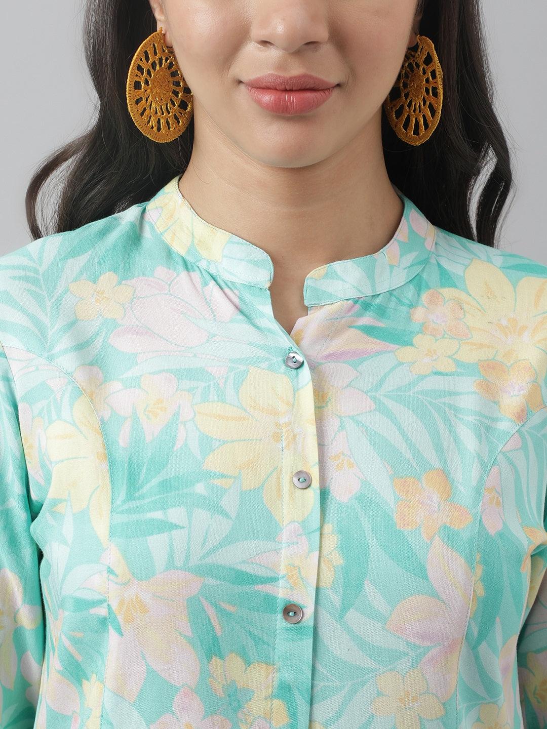 Jamal Jamaloo Sea Green Floral Printed Rayon A-line Shirt Style Top - Jamal Jamaloo