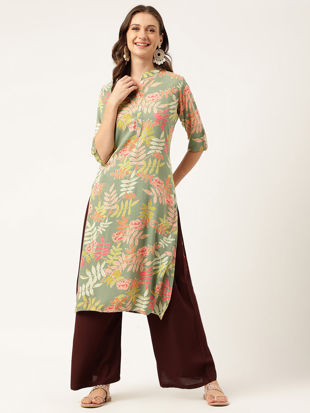 Green Floral Digital Printed Straight Fold Sleeve Kurta