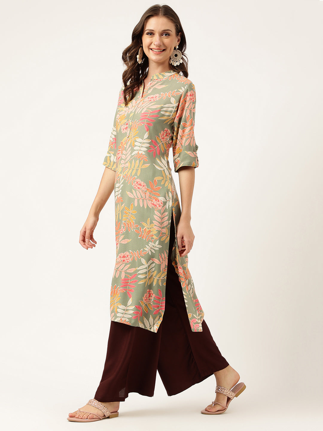 Green Floral Digital Printed Straight Fold Sleeve Kurta