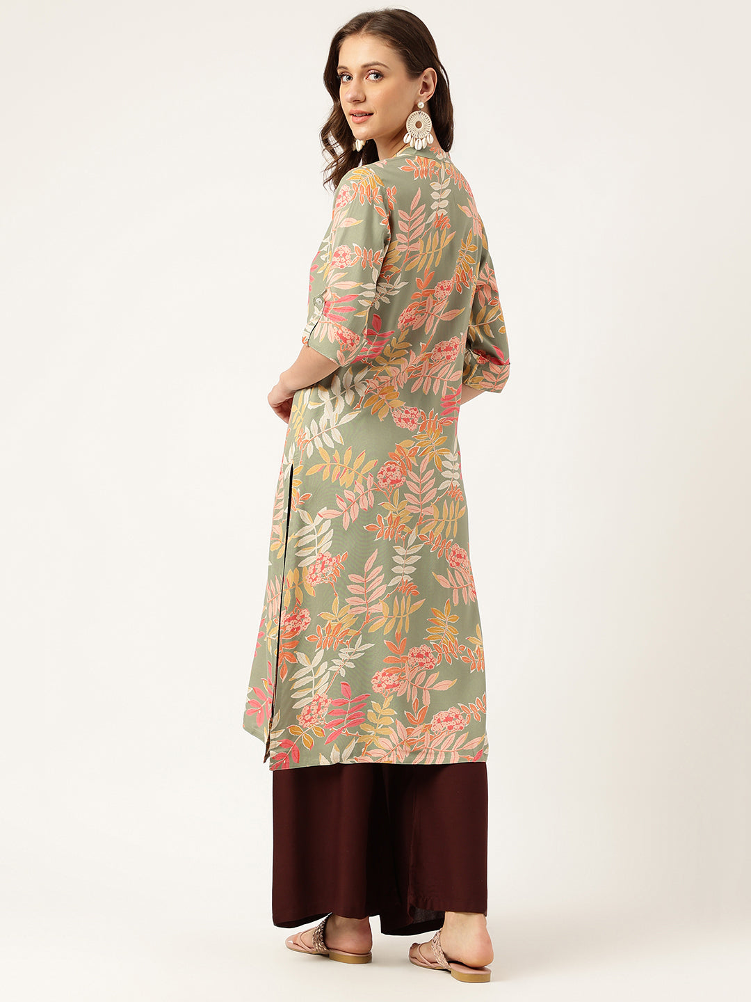 Green Floral Digital Printed Straight Fold Sleeve Kurta
